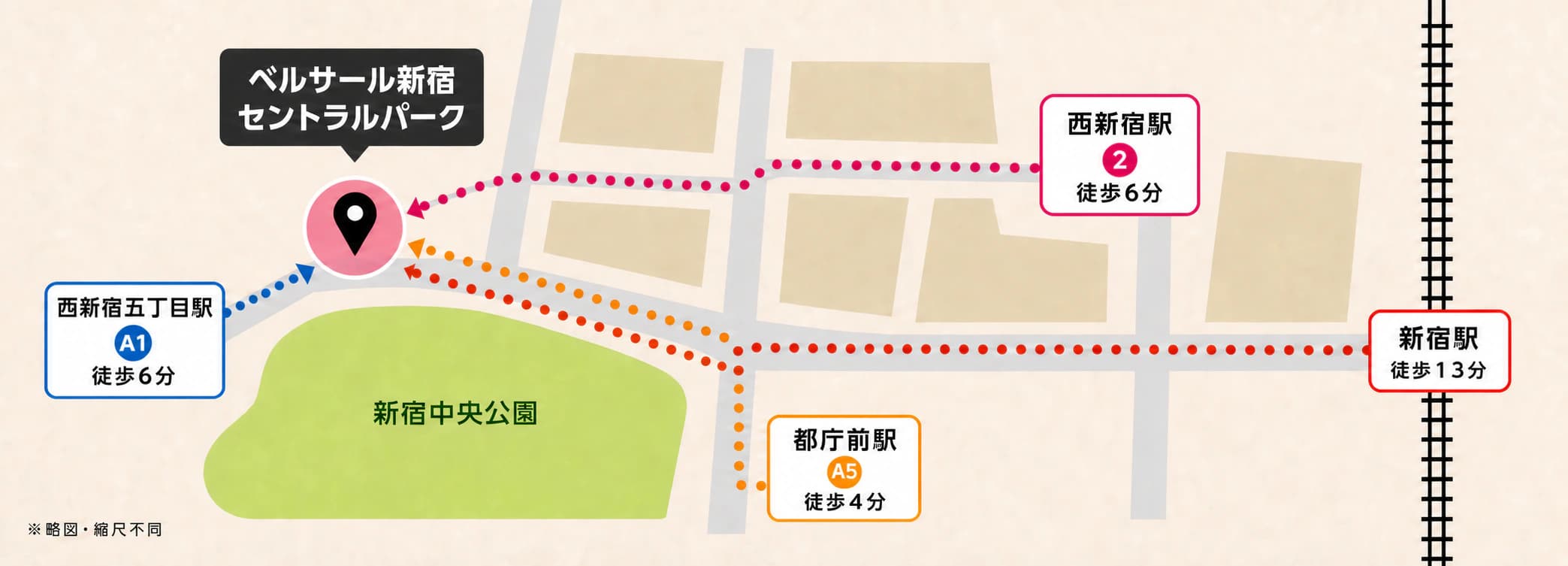 会場周辺マップ。都庁前駅・西新宿駅・西新宿五丁目駅・新宿駅からベルサール新宿セントラルパークへの徒歩ルート